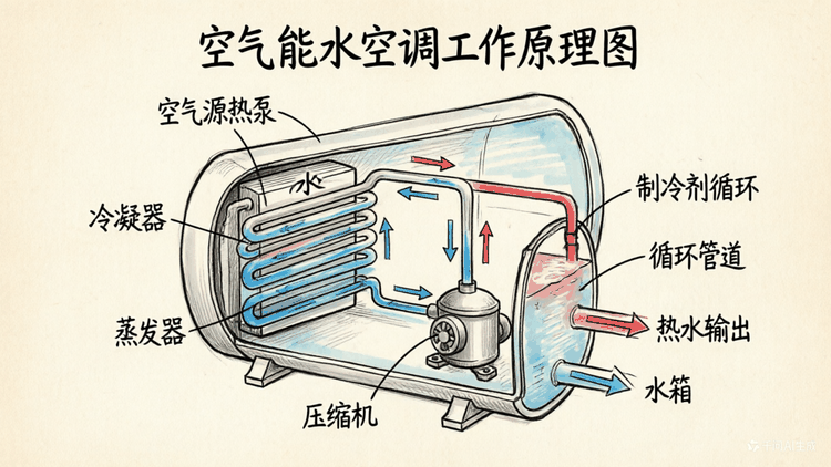 空气能水空调水系统两联供工作原理示意